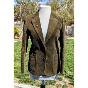 VTG Ladies New Yorker Corduroy Brown Olive Petite Med Damaged Blazer w/Pin Coat